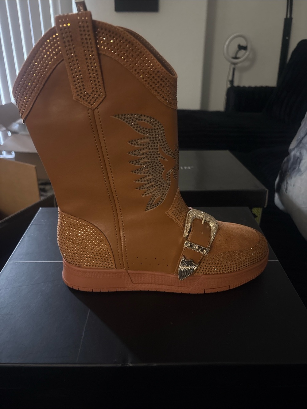 Girls' Tan Western-Style Boot Sneaker with Decorative Buckle